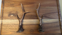 Two natural antler wall mounts displayed on a wooden board.