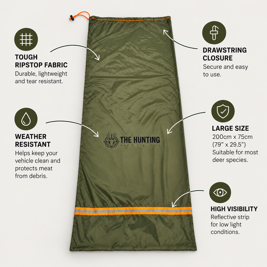 THP deer extraction bag with ripstop fabric, drawstring closure, reflective strip and 200cm x 75cm size