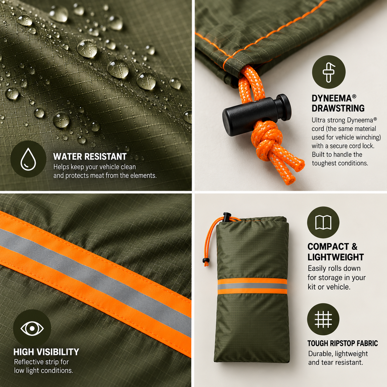 THP deer extraction bag showing water-resistant ripstop fabric, Dyneema drawstring, reflective strip and compact storage