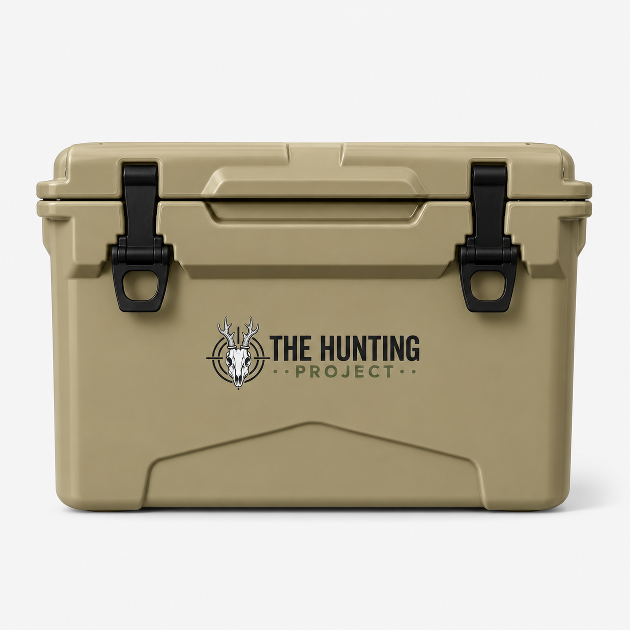 A tan hard-sided cooler with black latches and a printed logo reading 'THE HUNTING PROJECT' on the front, photographed against a clean white background.
