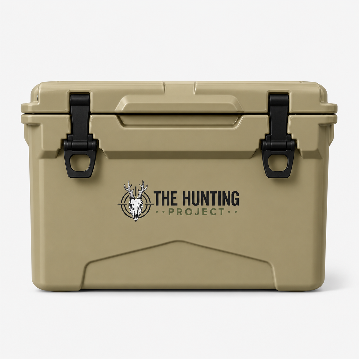 A tan hard-sided cooler with black latches and a printed logo reading 'THE HUNTING PROJECT' on the front, photographed against a clean white background.