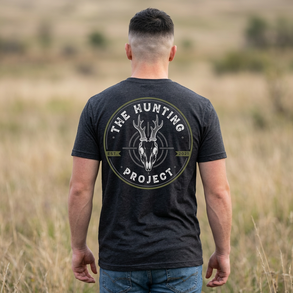 A man viewed from behind wearing a dark charcoal heather t-shirt with a large circular 'The Hunting Project' deer skull graphic on the back, standing in a dry grass field.
